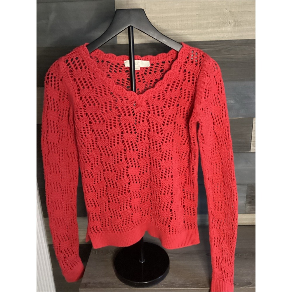 Loft Womens Red 100% Cotton Crewneck Open Knit Pullover Sweater Long Sleeve
